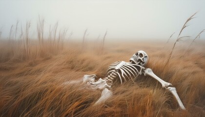 Fototapeta premium 불길한 안개가 자욱한 들판 한가운데, 반쯤 묻힌 채로 남아 있는 해골