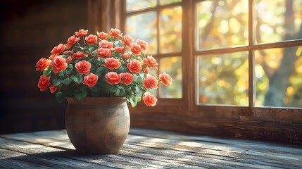 A vibrant arrangement of orange begonias in a rustic pot, illuminated by warm sunlight streaming through a wooden window, creating a cozy and inviting atmosphere.