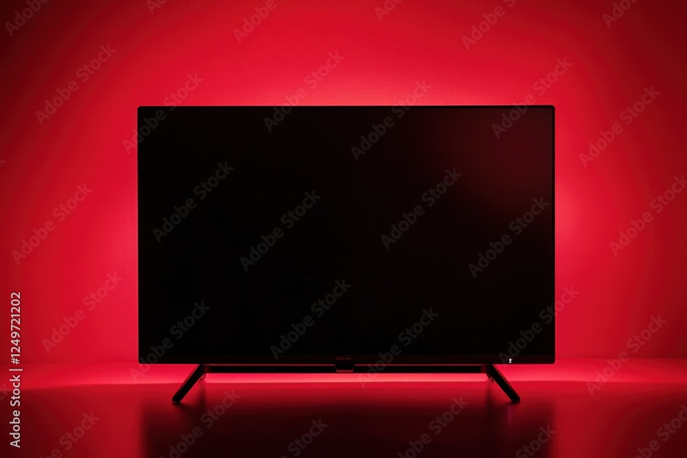 Poster static television screen illuminated by a vibrant red background in a darkened room creating a strik