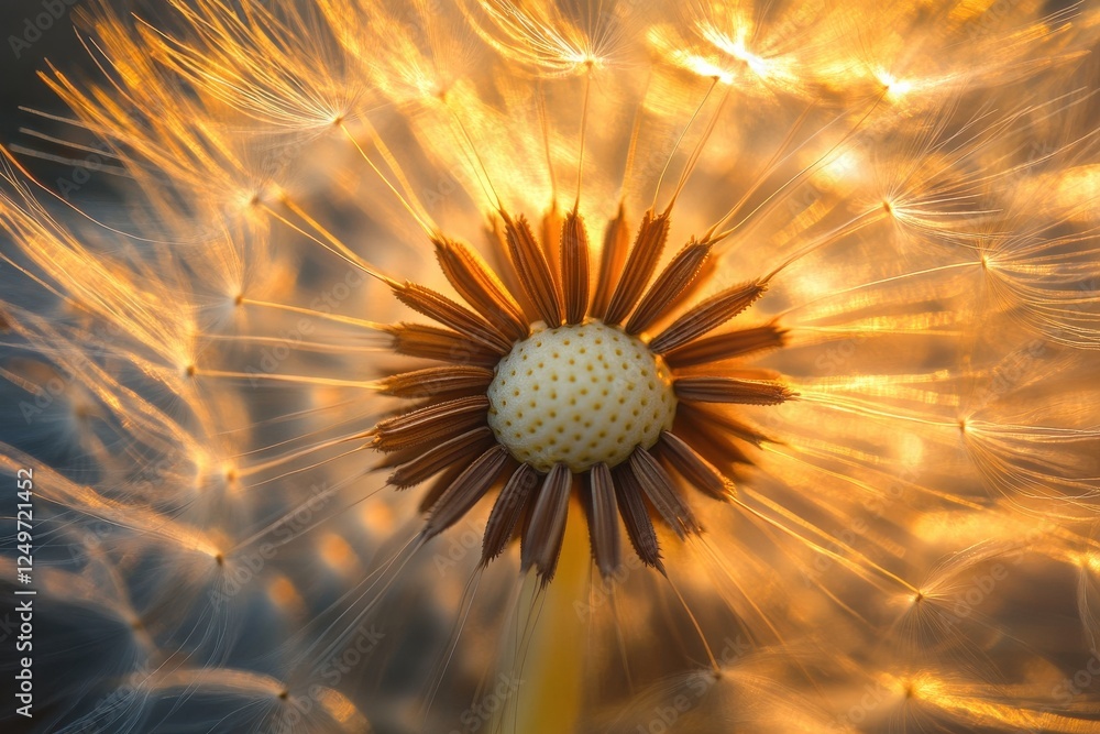 Poster bright sunlight filters through a dandelion seed head, creating a golden glow in a natural setting d