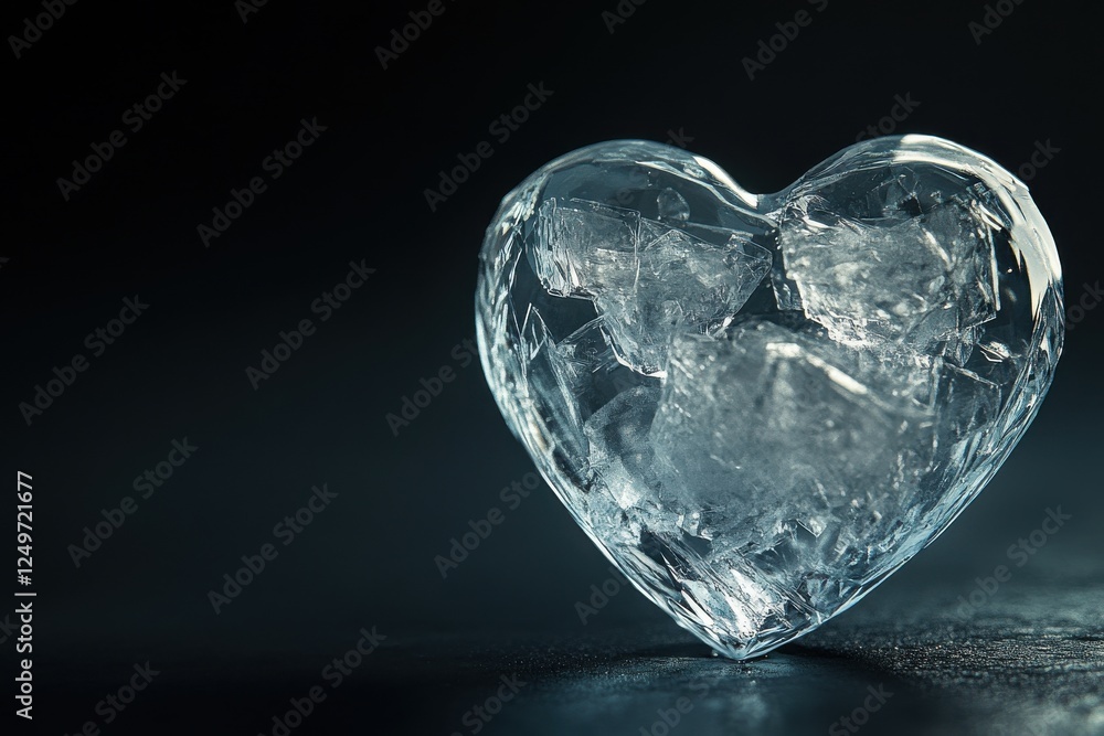 Poster beautiful heart-shaped ice sculpture with intricate details on a dark background that adds elegance 