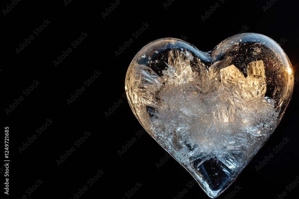 Poster heart-shaped ice sculpture with intricate patterns highlighting a mix of clear and frosty textures