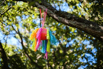 Colorful pi&ntilde;ata hanging from a tree in a sunny outdoor setting