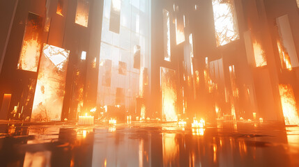 Obraz premium Surreal dystopian grand hall with broken mirrors and flickering candles in futuristic 3d rendering. Shattered Reflections. Illustration