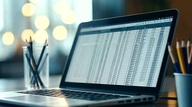 Laptop displaying spreadsheet data with pencils in a glass