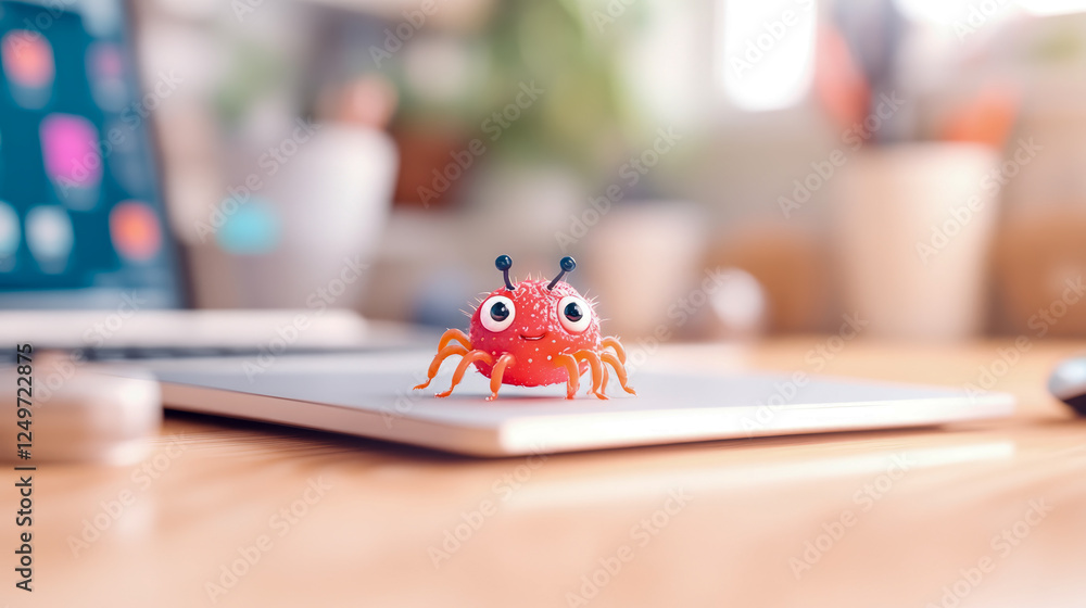Poster whimsical ant character on laptop: design element for tech blog, landing page or educational resourc