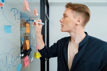 Professional caucasian male leader writing and sharing marketing idea by using mind map and sticky notes on glass board at modern meeting room. Creative business and planing concept. Immaculate.