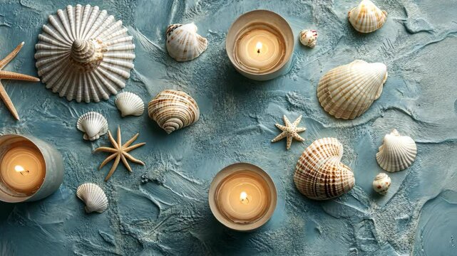 Relaxing coastal decor with seashells and candles arranged on a textured light blue background