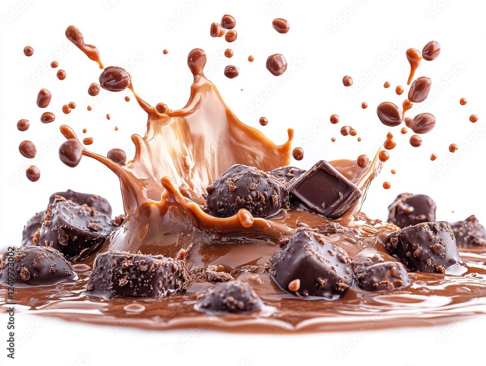 Aufkleber a dynamic splash of chocolate with pieces and cocoa beans.