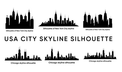 Obraz premium USA ALL City skyline Set silhouette with famous buildings and landmarks in black and white Background
