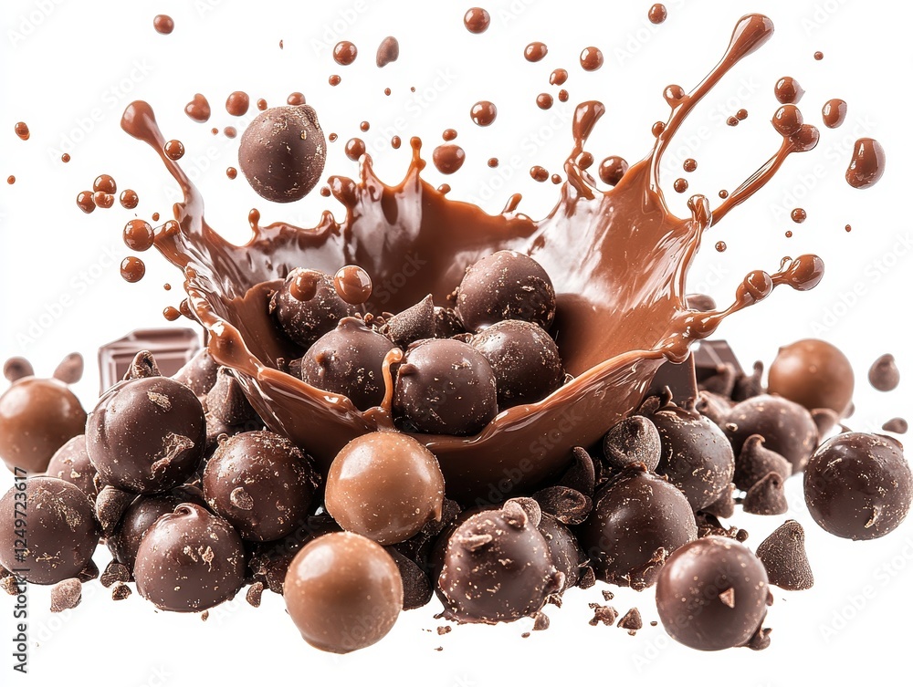 Poster chocolate splashes with truffles and chunks creating a delicious scene.