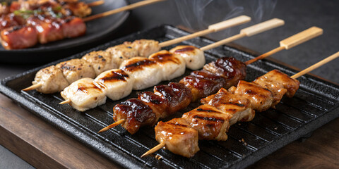 A set of yakitori skewers with different cuts of grilled chicken, brushed with tare sauce, served on a charcoal grill plate