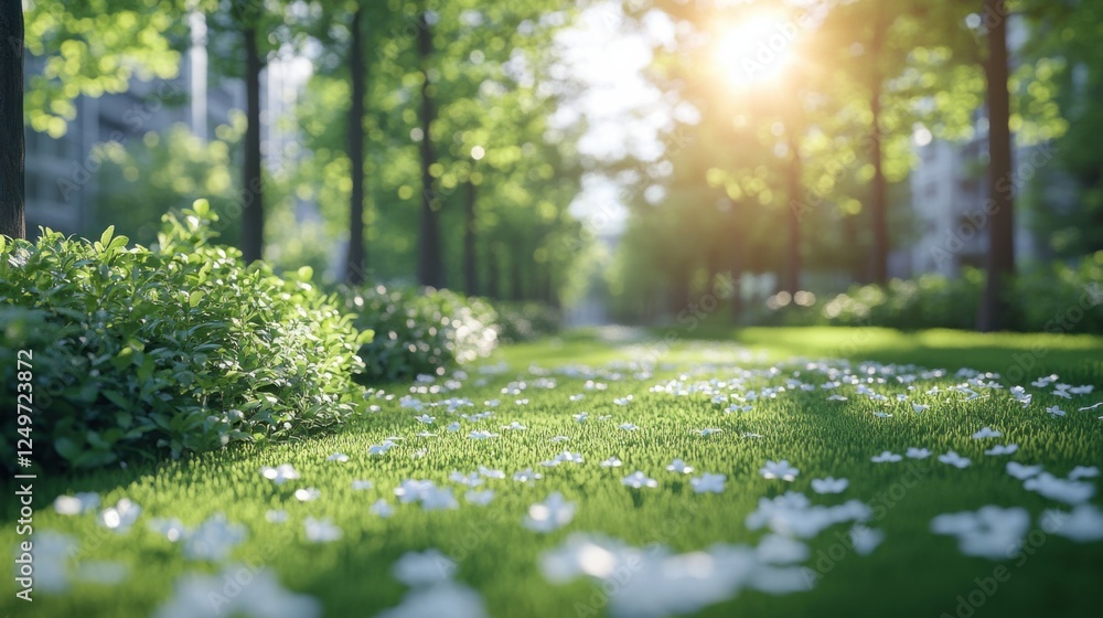 Aufkleber serene park scene with sunlight filtering through trees, showcasing a grassy path adorned with flowe