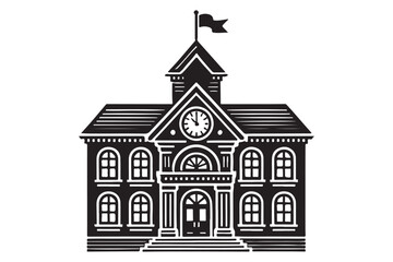 School building with clock and flag flat icon