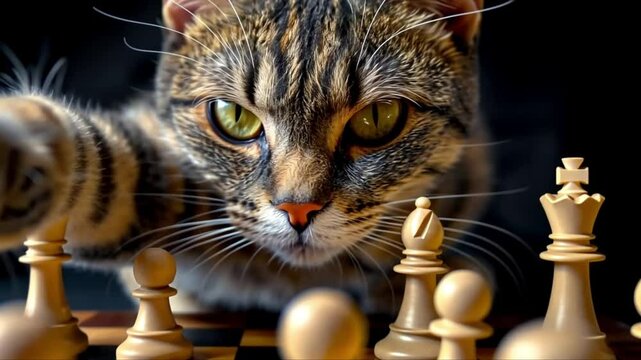 grey cat playing with chess pieces, international world chess day, board game, clever pet, cute animal or naughty kitten