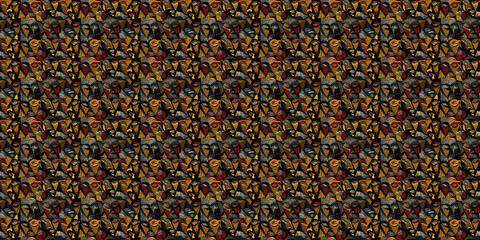 Abstract African art shapes seamless backgrounds, tribal geometric decoration patterns. Colored flat boho symbols illustrations	