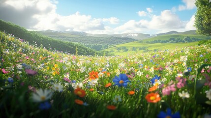 Obraz premium Beautiful Flower Field Under a Blue Sky with Bright Clouds
