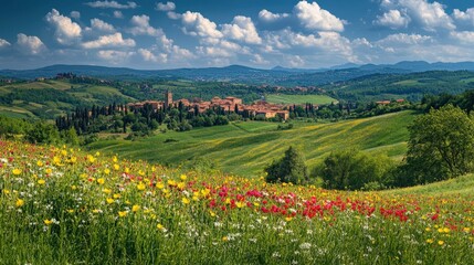 Fototapeta premium A Scenic View of Vibrant Fields and Hills with a Charming Village in the Distance