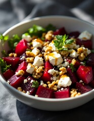 Beetroot Salad with Feta Cheese and Walnuts in a Bowl