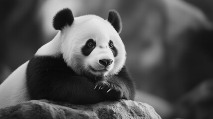 Obraz premium Panda bear, giant panda, animal resting, wildlife photography, adorable panda Capture an adorable giant panda resting peacefully on a rock, embodying tranquility in the wild. This