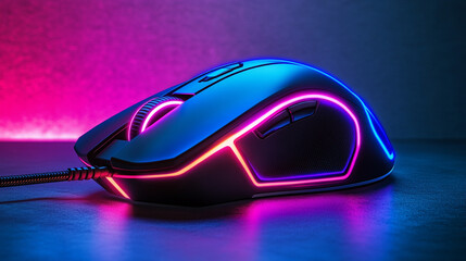 A futuristic gaming mouse illuminated by neon lights with geometric shapes in bright blue, pink, and purple. The modern, vibrant wallpaper features blurred backgrounds and empty caption space.

