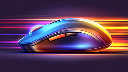 A futuristic gaming mouse illuminated by neon lights with geometric shapes in bright blue, pink, and purple. The modern, vibrant wallpaper features blurred backgrounds and empty caption space.

