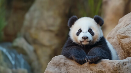 Cute panda, panda napping, wildlife moments, animal sleep, peaceful nature Enjoy a heartwarming wildlife moment with this cute giant panda taking a nap on a rock. The panda&acirc;s sleep