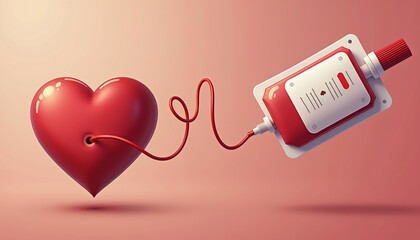 Heart connected to blood bag in conceptual illustration