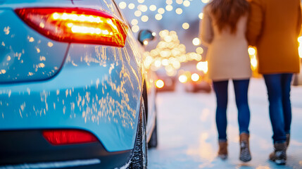 Winter Evening Stroll: Blue automobile tail light with couple walking amidst festive Christmas lights, winter scene.