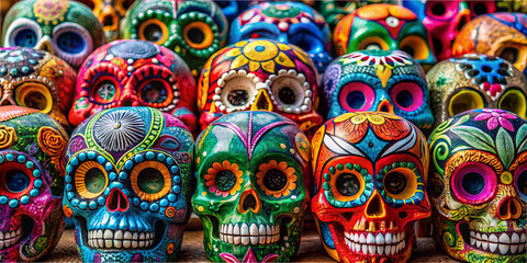 Fototapeta premium A vibrant collection of intricately designed ceramic skulls adorns a marketplace stall, showcasing rich colors and symbols during a cultural celebration