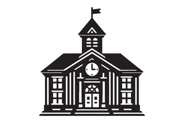 School building with clock and flag flat icon