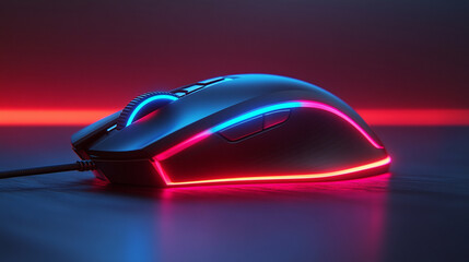 A futuristic gaming mouse illuminated by neon lights with geometric shapes in bright blue, pink, and purple. The modern, vibrant wallpaper features blurred backgrounds and empty caption space.

