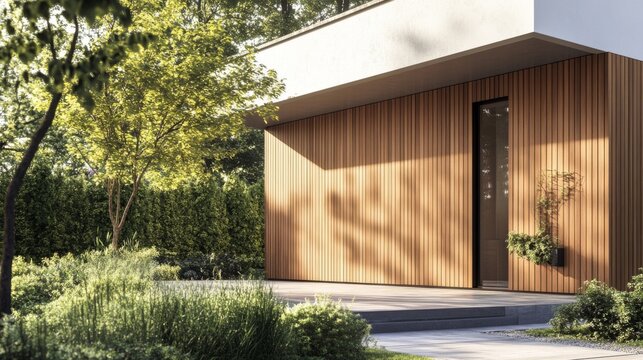 Modern House Exterior Design with Wooden Facade and Lush Garden