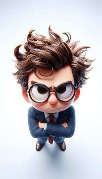 angry man, 3d cartoon nerdy guy with suits and glasses, looking up and frowning angrily, isolated on white