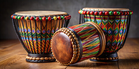 Three hand-painted drums are displayed on a wooden surface, highlighting intricate designs and colorful beads. The rich textures invite exploration of their cultural significance