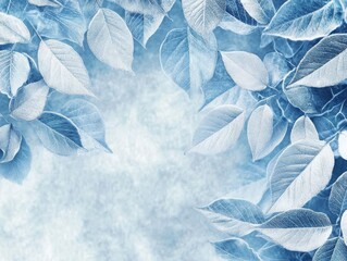 This artwork presents a serene winter scene with frosty blue leaves that beautifully encapsulate the essence of cold weather, gentle snowflakes falling, and a tranquil, peaceful atmosphere
