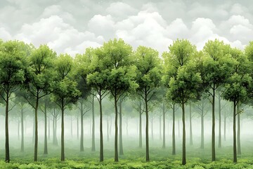 A serene forest landscape featuring tall, lush green trees shrouded in mist, creating a tranquil and peaceful atmosphere amid soft, cloudy skies.