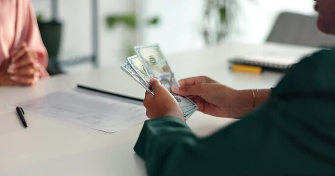Office, business people and hands with money for loan, financial deposit and investment for startup. Closeup, venture capitalist and client with dollar for cash laundering, finance service or payment