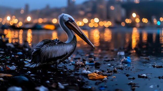 Pelican standing on rocky shore at dusk with city lights reflecting in water, creating moody atmosphere. Urban wildlife scene captures tranquil waterfront moment.