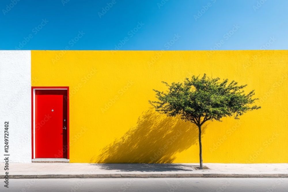 Poster bright yellow and white walls create a stunning backdrop for a bold red door, complemented by a smal