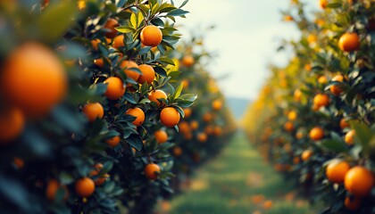 Orange Orchard with Ripe Fruit Hanging on Trees in Sunny Grove