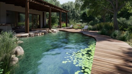 Beautiful backyard with a natural swimming pool, wooden deck, and lush greenery