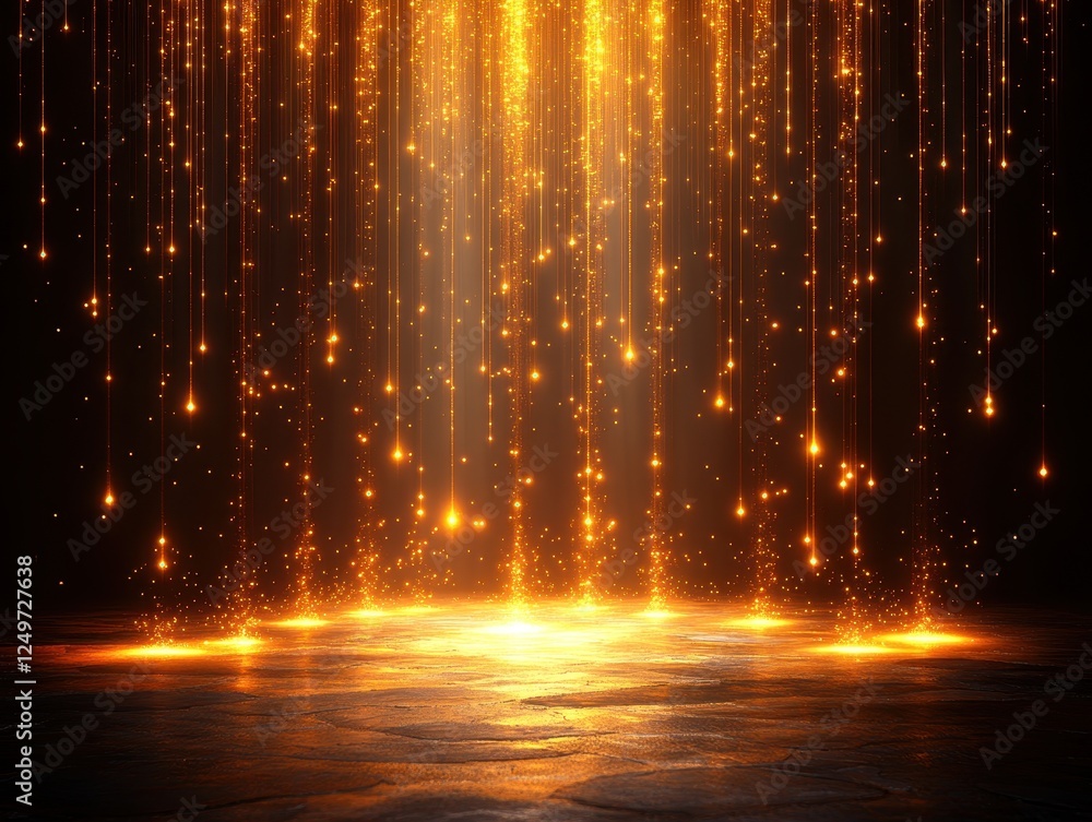 Poster a mesmerizing display of golden light particles cascading downwards.