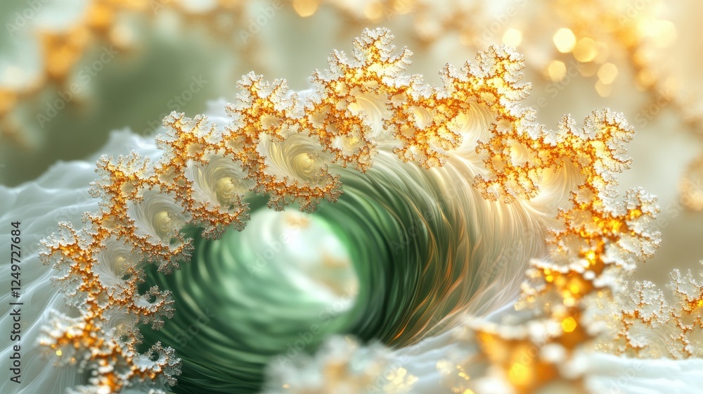 Poster abstract swirling fractal art; green, gold, white; background bokeh; design element