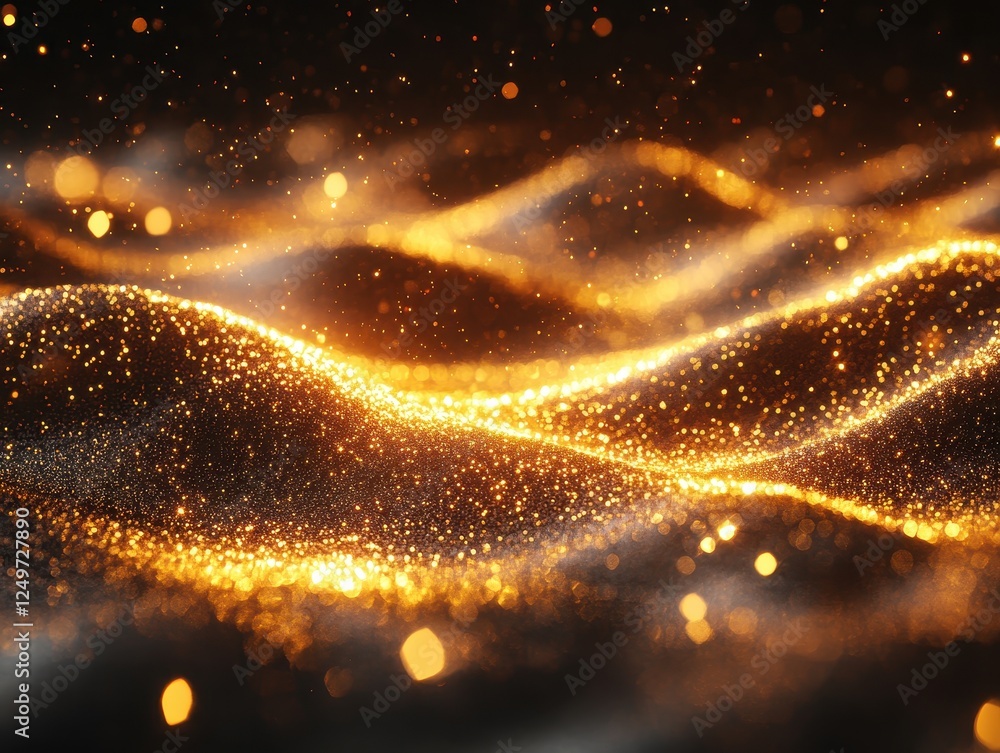 Poster glimmering waves of golden particles create a mesmerizing abstract scene.