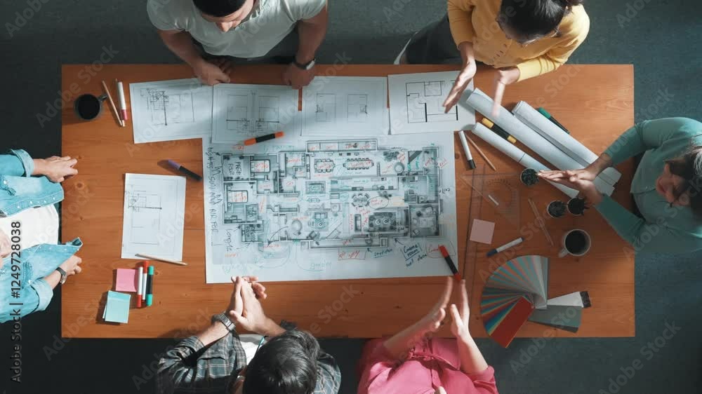 Poster time lapse of smart civil engineer team shaking hand while discussing idea at meeting table with blu