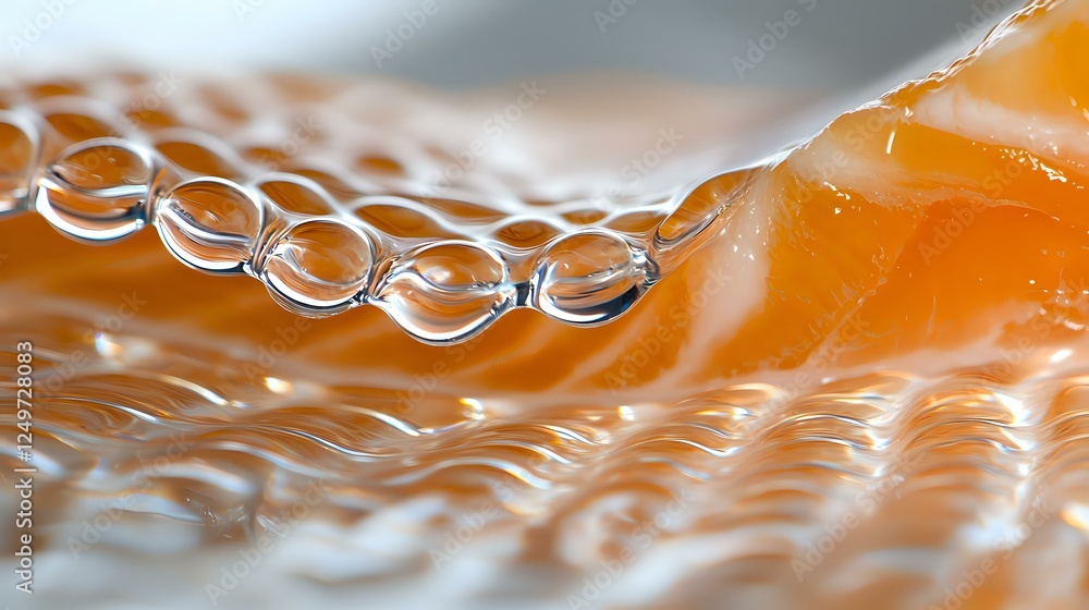 Poster Macro photography of water drops forming chain pattern on orange textured surface with selective focus creating artistic abstract composition.