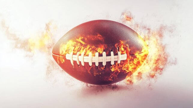 american footbal lball with bright flame flying on white background