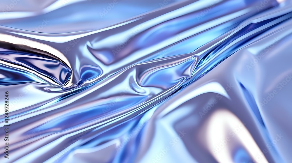 Poster Smooth metallic blue fabric with flowing waves and folds creating dynamic light reflections and shiny satin texture for luxury background designs.