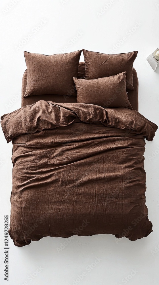 Poster warm tones of a solid brown duvet cover with matching pillows create an inviting atmosphere, folded 